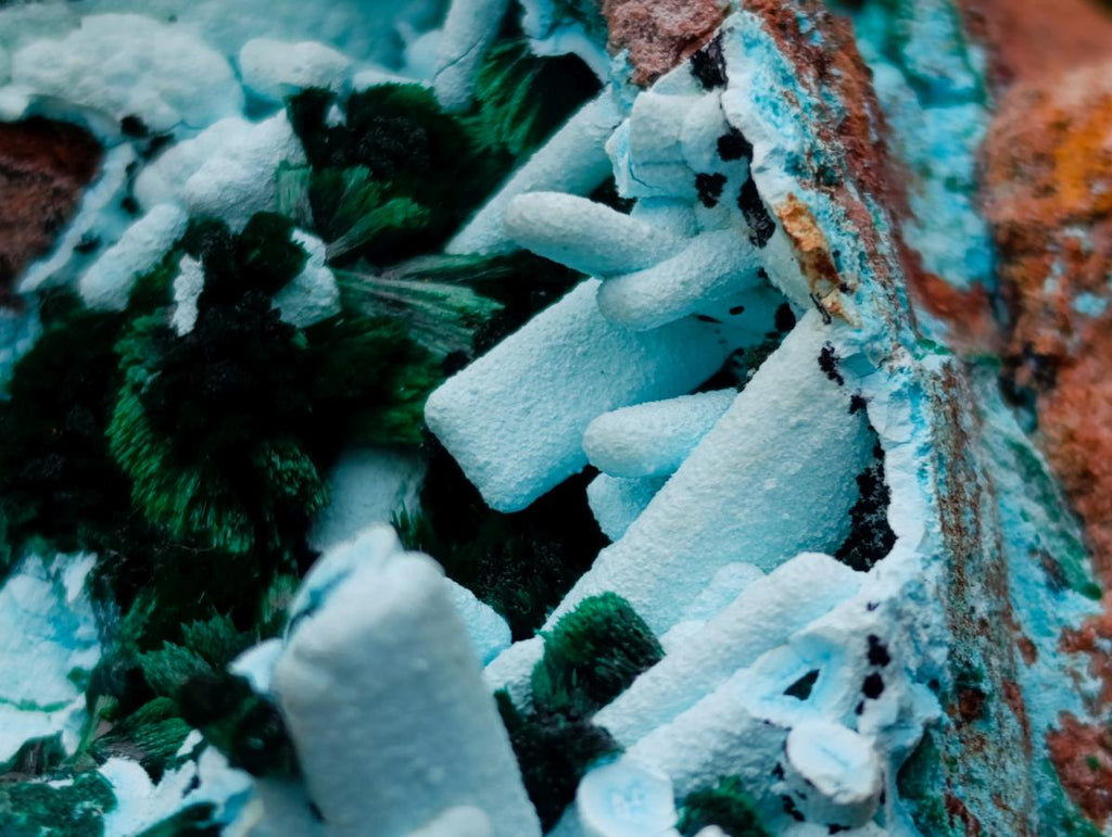 Natural Lupoto Mine Multi Generation Chrysocolla Pseudomorph with Fibrous Malachite Star Crystallisation x 1 From Lupoto Mine, Congo