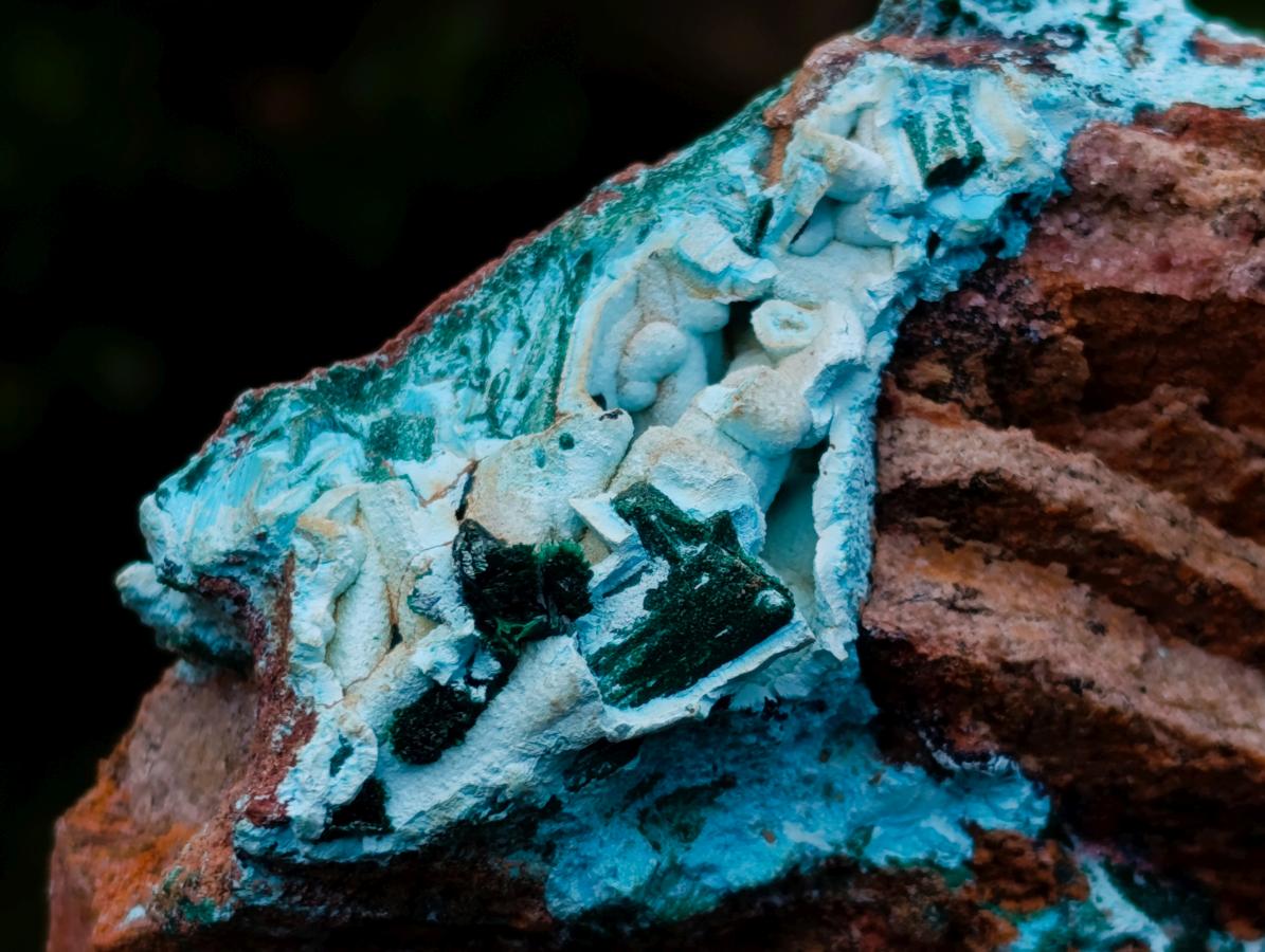 Natural Lupoto Mine Multi Generation Chrysocolla Pseudomorph with Fibrous Malachite Star Crystallisation x 1 From Lupoto Mine, Congo