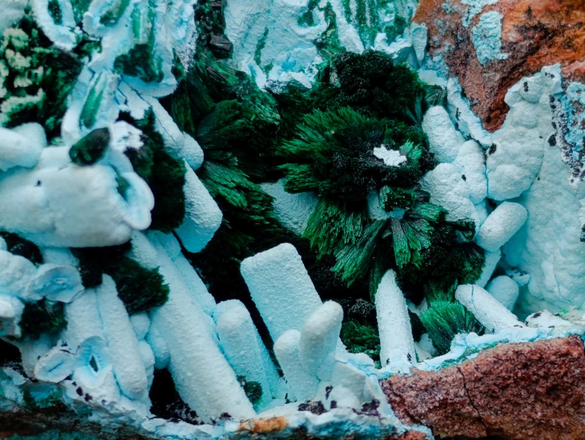 Natural Lupoto Mine Multi Generation Chrysocolla Pseudomorph with Fibrous Malachite Star Crystallisation x 1 From Lupoto Mine, Congo