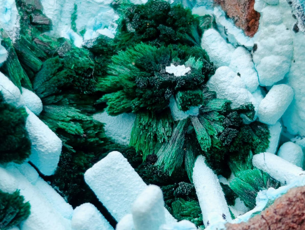 Natural Lupoto Mine Multi Generation Chrysocolla Pseudomorph with Fibrous Malachite Star Crystallisation x 1 From Lupoto Mine, Congo