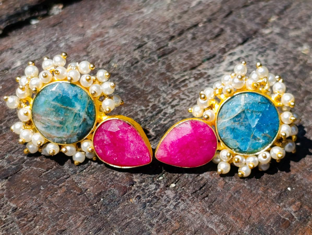 Hand Made Bohemian Art Nouveau Ruby, Blue Apatite and Pearl Drop Earrings x 1 From South Africa
