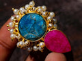 Hand Made Bohemian Art Nouveau Ruby, Blue Apatite and Pearl Drop Earrings x 1 From South Africa