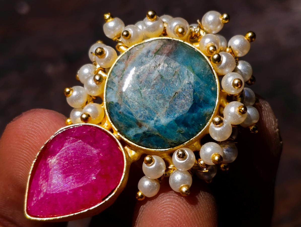 Hand Made Bohemian Art Nouveau Ruby, Blue Apatite and Pearl Drop Earrings x 1 From South Africa