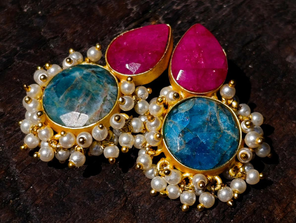 Hand Made Bohemian Art Nouveau Ruby, Blue Apatite and Pearl Drop Earrings x 1 From South Africa