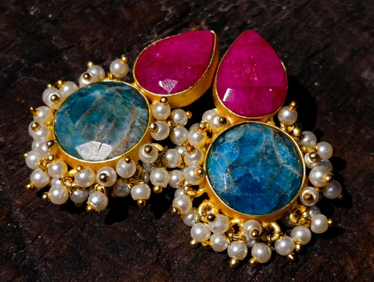 Hand Made Bohemian Art Nouveau Ruby, Blue Apatite and Pearl Drop Earrings x 1 From South Africa