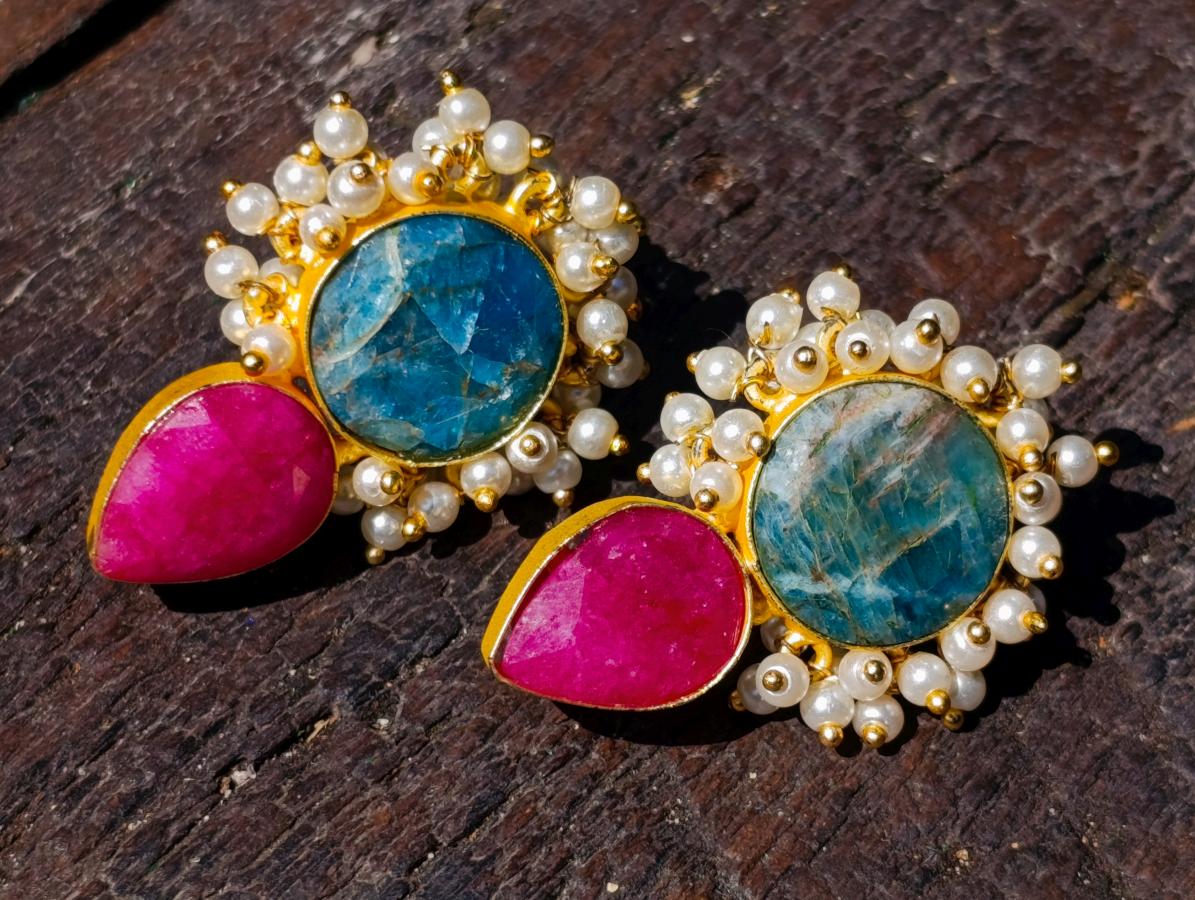 Hand Made Bohemian Art Nouveau Ruby, Blue Apatite and Pearl Drop Earrings x 1 From South Africa