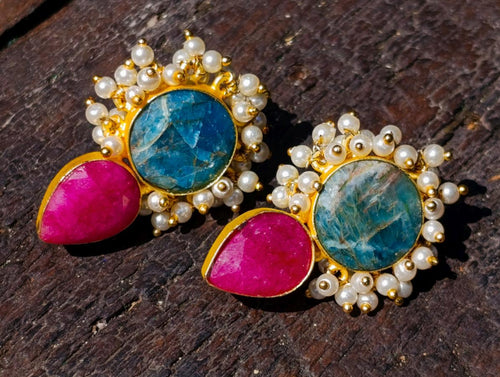 Hand Made Bohemian Art Nouveau Ruby, Blue Apatite and Pearl Drop Earrings x 1 From South Africa