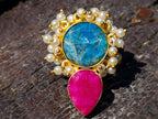Hand Made Bohemian Art Nouveau Ruby, Blue Apatite and Pearl Drop Earrings x 1 From South Africa