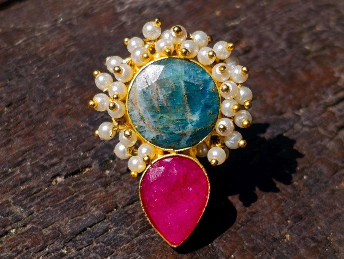 Hand Made Bohemian Art Nouveau Ruby, Blue Apatite and Pearl Drop Earrings x 1 From South Africa