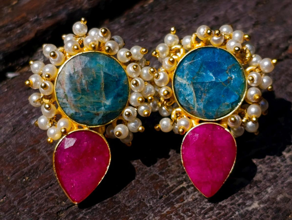 Hand Made Bohemian Art Nouveau Ruby, Blue Apatite and Pearl Drop Earrings x 1 From South Africa