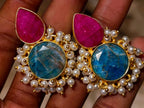 Hand Made Bohemian Art Nouveau Ruby, Blue Apatite and Pearl Drop Earrings x 1 From South Africa