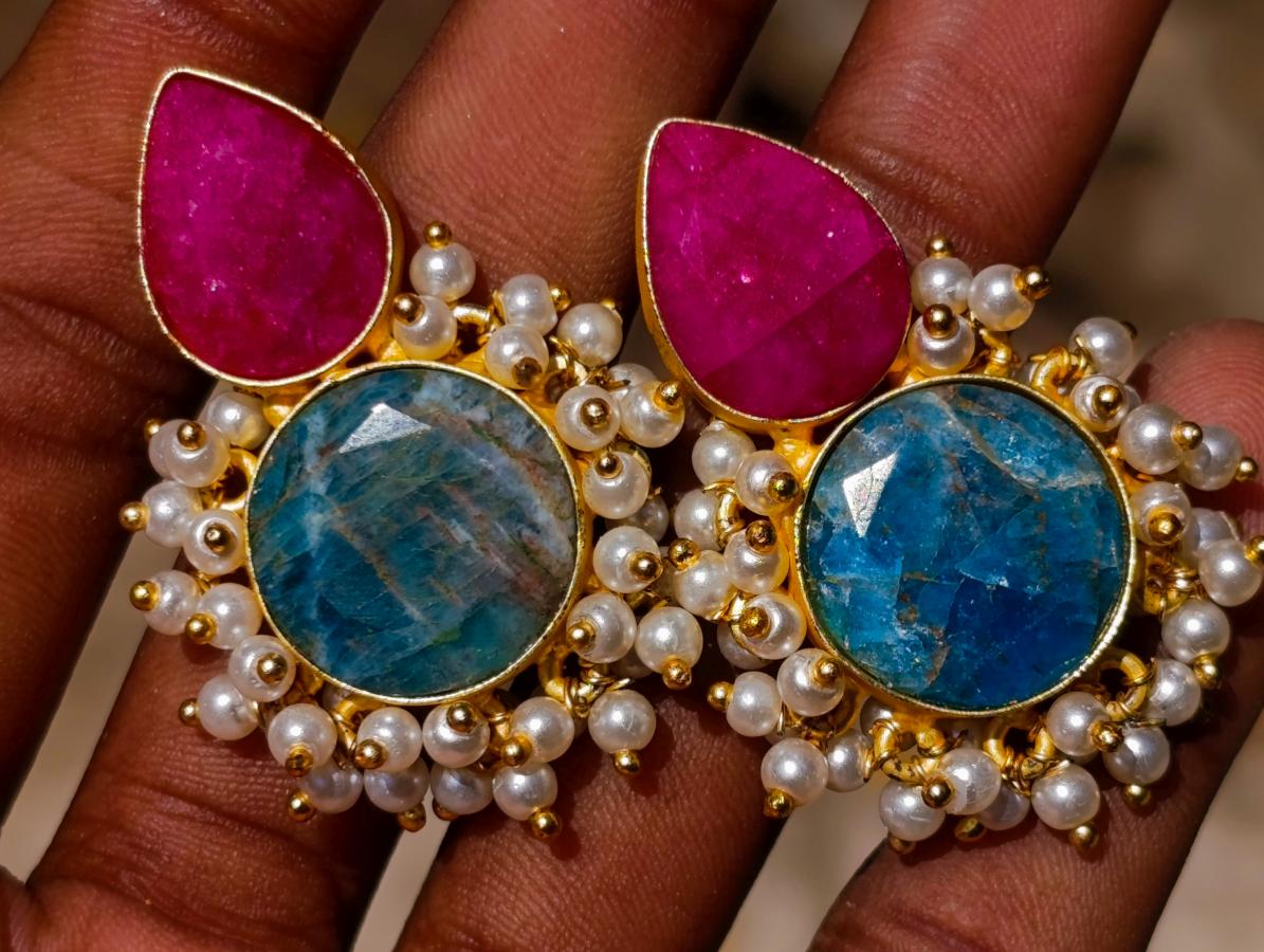 Hand Made Bohemian Art Nouveau Ruby, Blue Apatite and Pearl Drop Earrings x 1 From South Africa