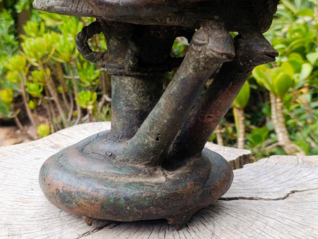 Hand Made Antique Benin Bronze Ceremonial Vessel with Lid x 1 From Benin, Nigeria