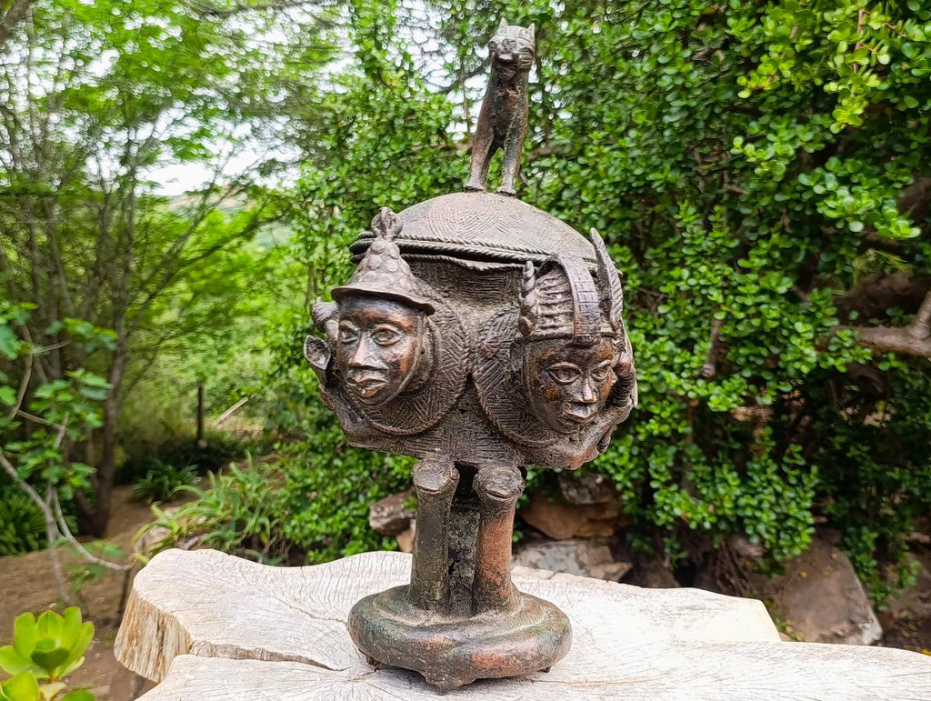 Hand Made Antique Benin Bronze Ceremonial Vessel with Lid x 1 From Benin, Nigeria