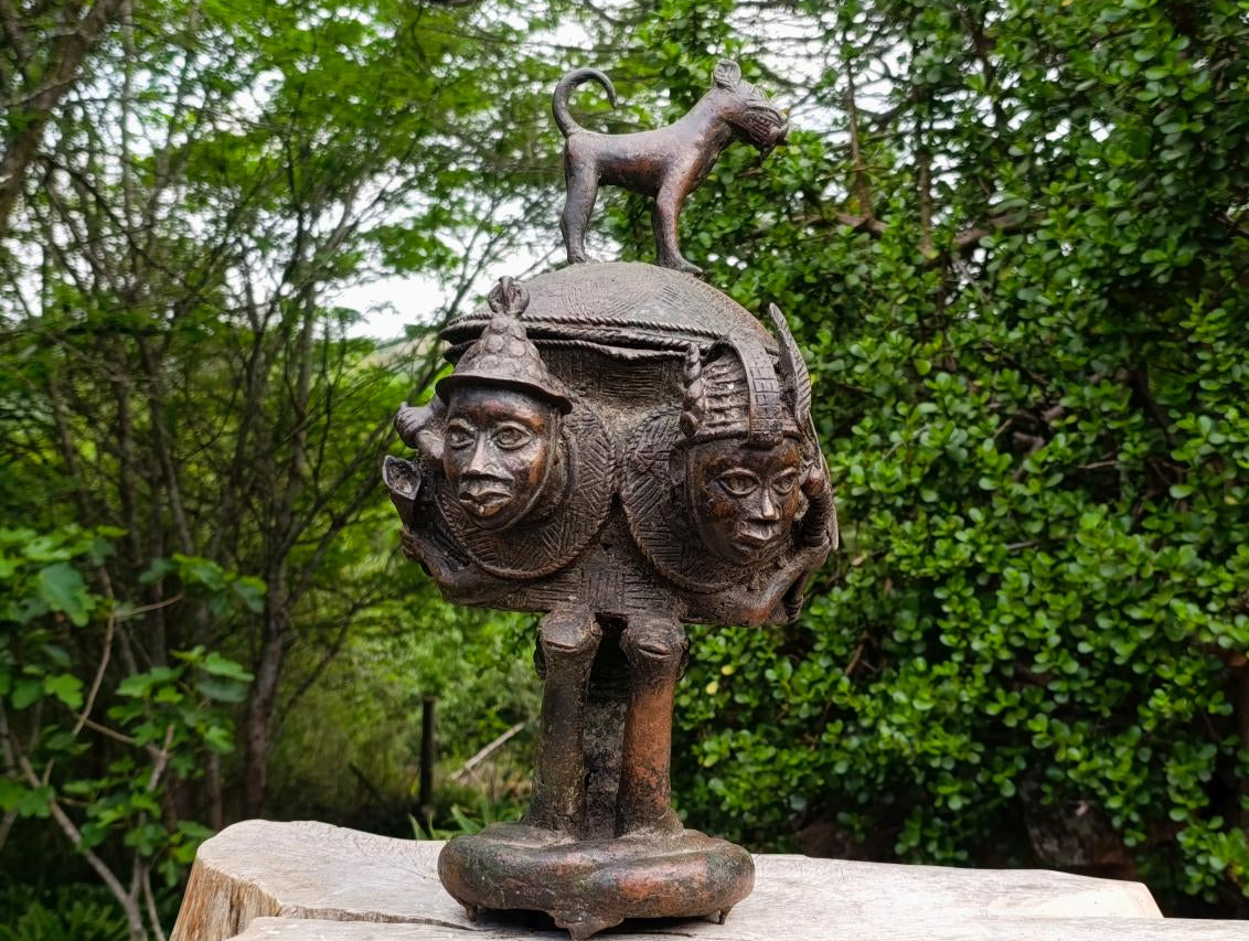 Hand Made Antique Benin Bronze Ceremonial Vessel with Lid x 1 From Benin, Nigeria
