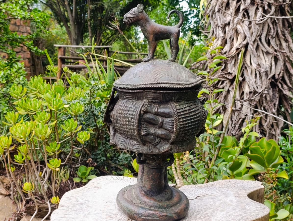 Hand Made Antique Benin Bronze Ceremonial Vessel with Lid x 1 From Benin, Nigeria