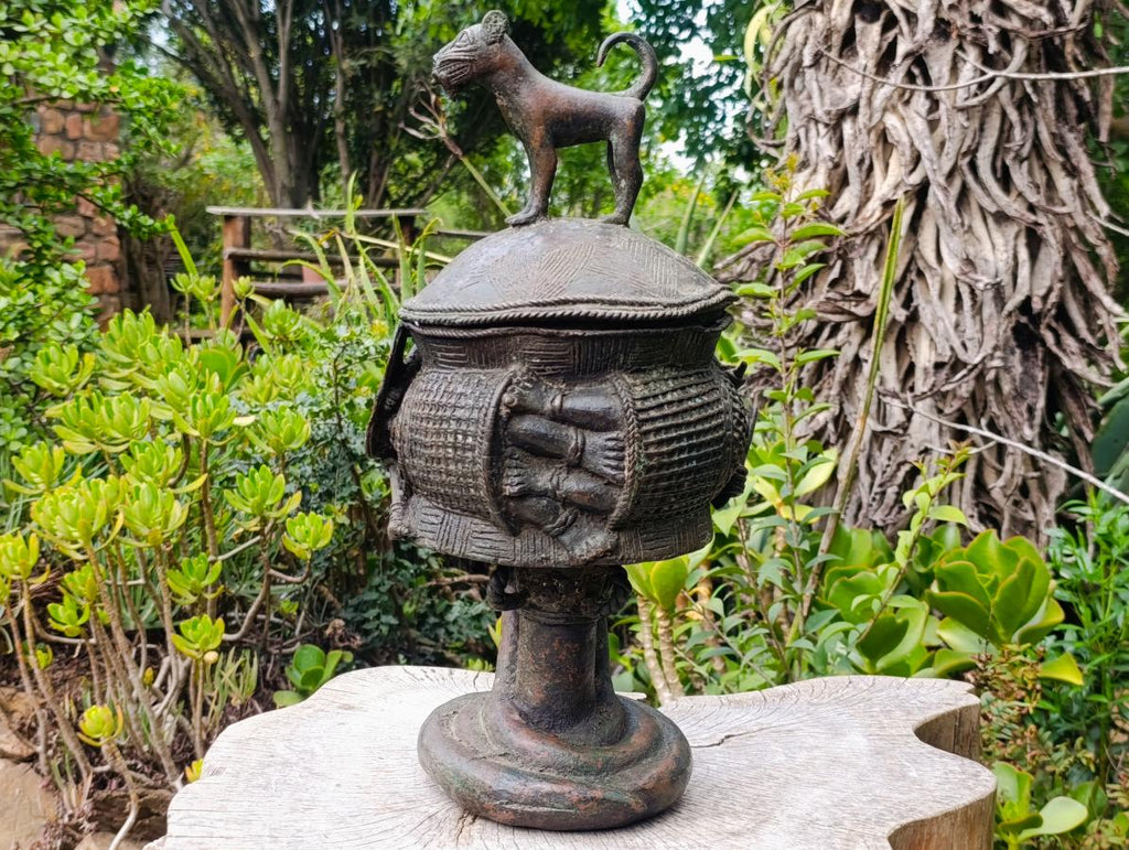 Hand Made Antique Benin Bronze Ceremonial Vessel with Lid x 1 From Benin, Nigeria