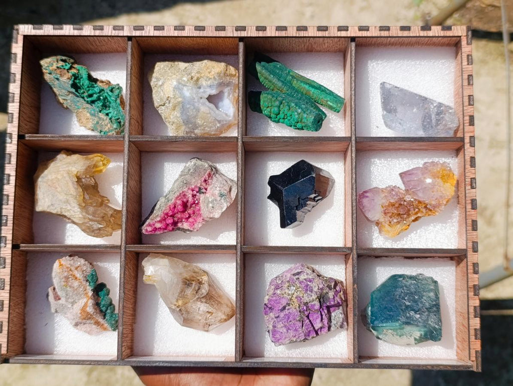Natural Mixed Set of 12 African Minerals and Crystals in a Wooden Display Box x 1 From Southern Africa