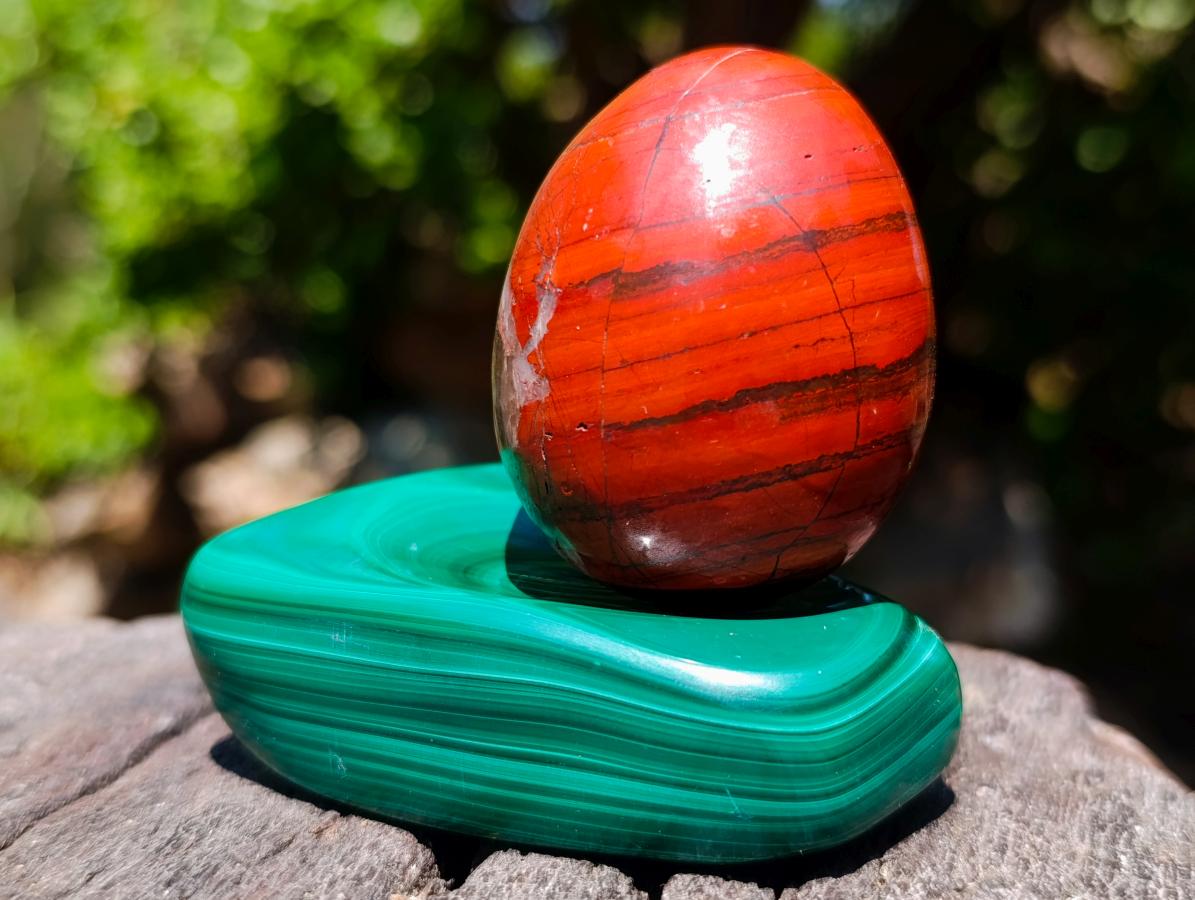 Polished Set of 4 Malachite and Red Jasper Eggs and Bowls x 1 From Southern Africa