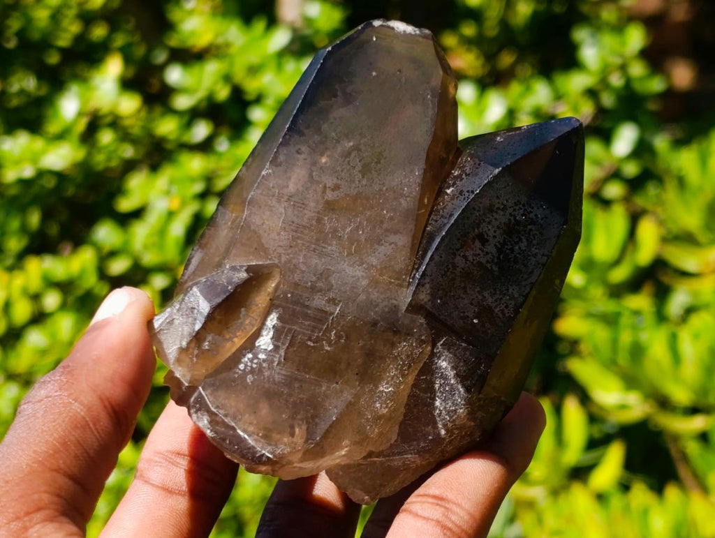 Natural Twin Smokey Quartz Crystal Cluster with Fluorescent Hyalite Opal x 1 From Erongo, Namibia