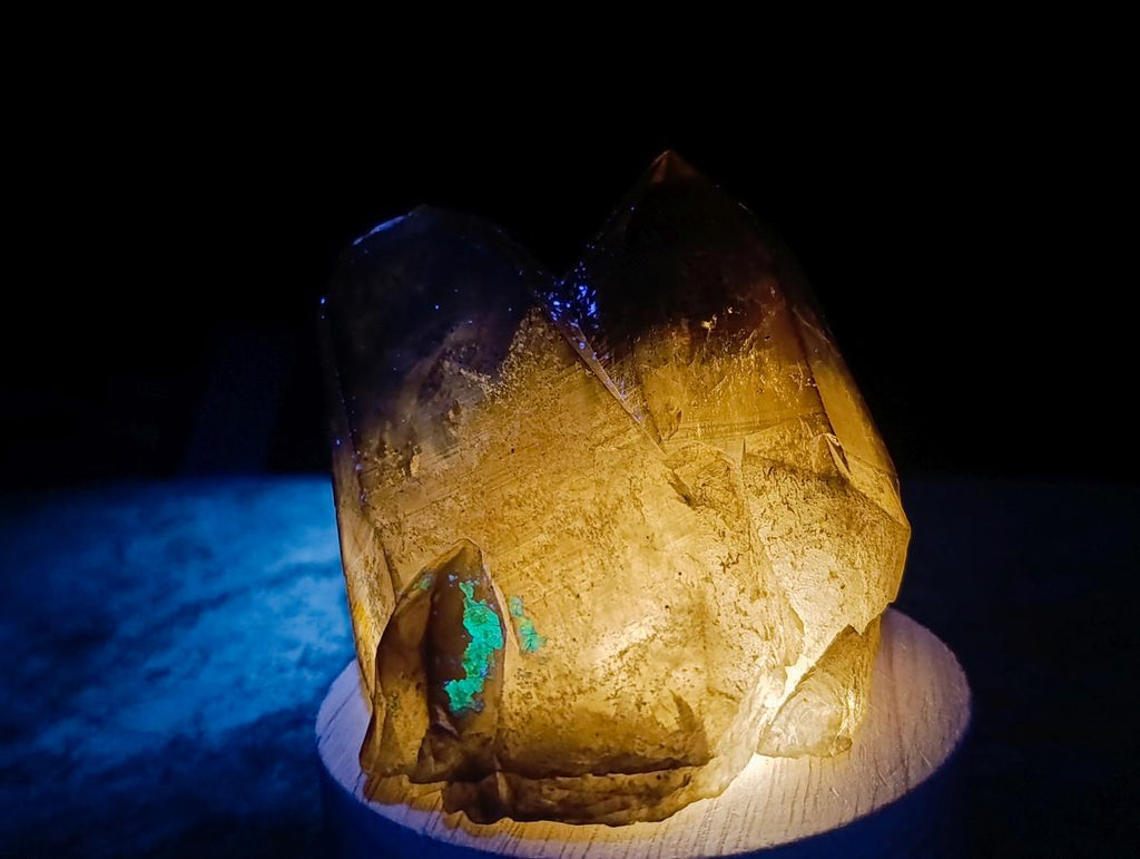 Natural Twin Smokey Quartz Crystal Cluster with Fluorescent Hyalite Opal x 1 From Erongo, Namibia