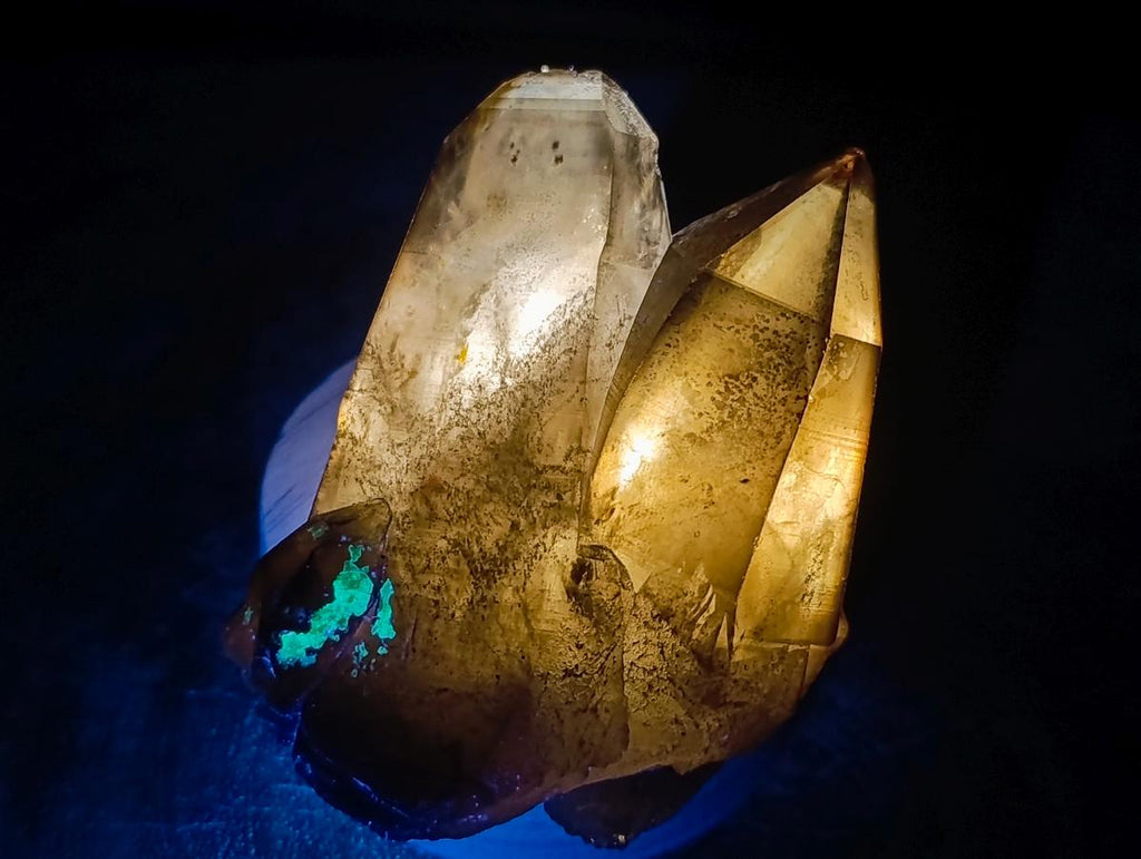 Natural Twin Smokey Quartz Crystal Cluster with Fluorescent Hyalite Opal x 1 From Erongo, Namibia
