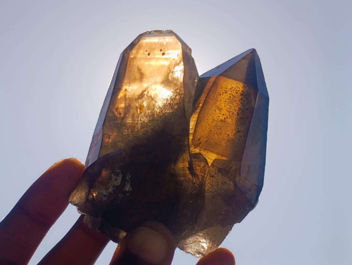Natural Twin Smokey Quartz Crystal Cluster with Fluorescent Hyalite Opal x 1 From Erongo, Namibia