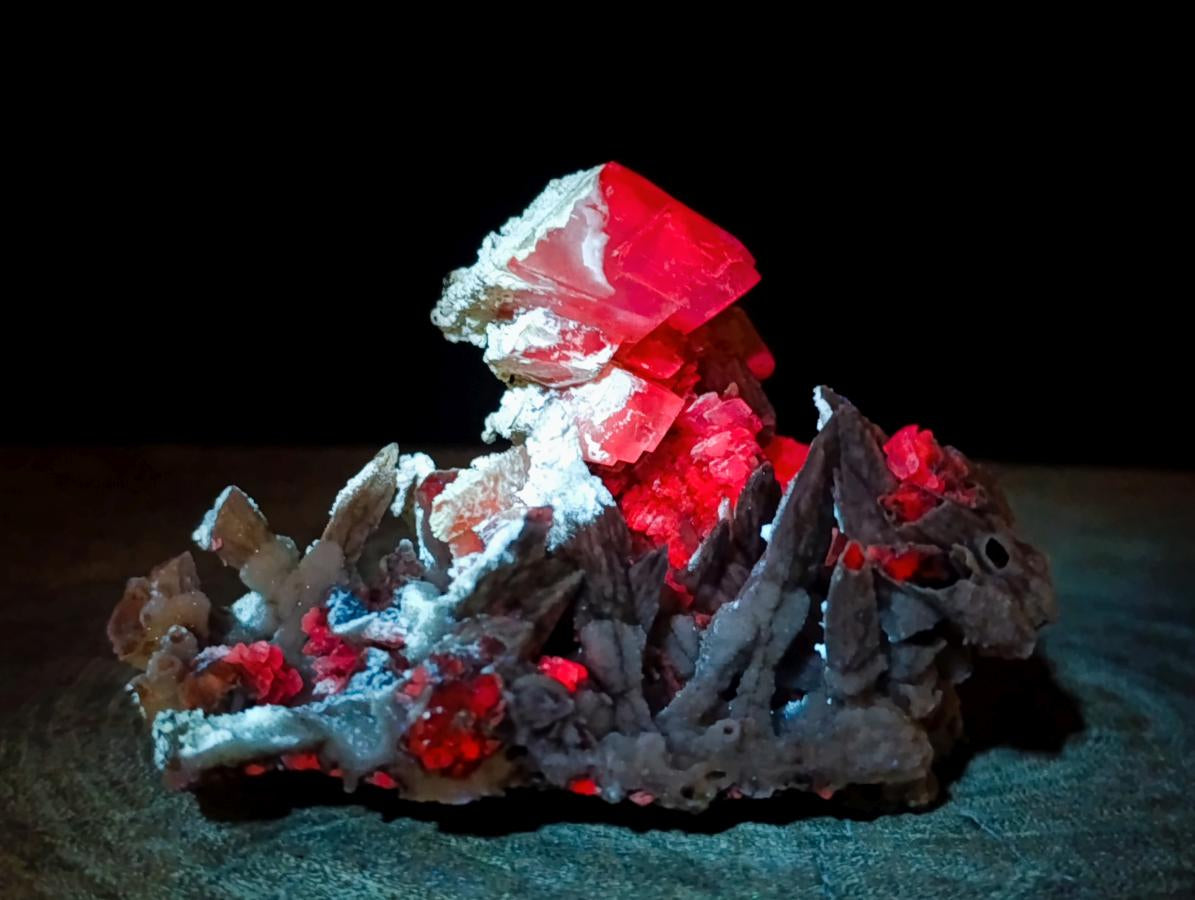 Natural Fluorescent Sceptre Quartz Coated Spearhead Calcite Pseudomorph Cluster x 1 From Albert's Mountain, Lesotho
