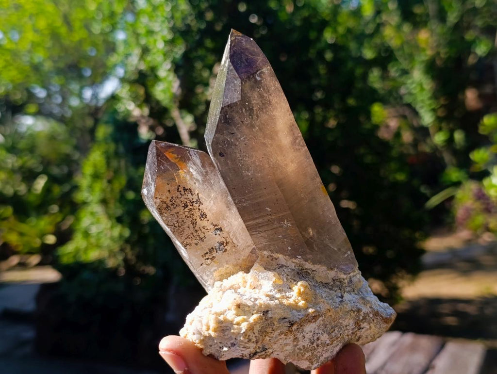 Natural Classic Smokey Twin Erongo Quartz with Fluorescent Hyalite Opal x 1 From Erongo, Namibia