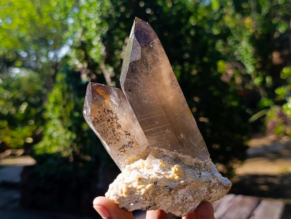 Natural Classic Smokey Twin Erongo Quartz with Fluorescent Hyalite Opal x 1 From Erongo, Namibia