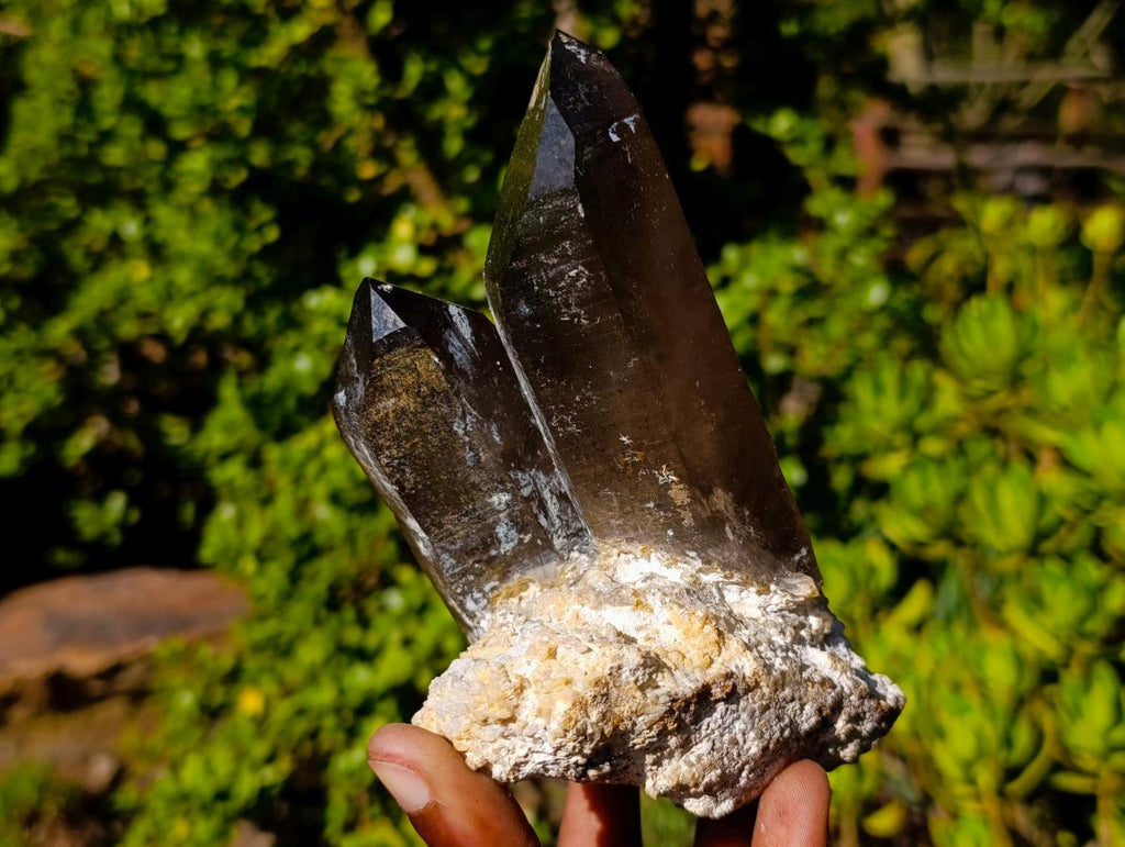 Natural Classic Smokey Twin Erongo Quartz with Fluorescent Hyalite Opal x 1 From Erongo, Namibia