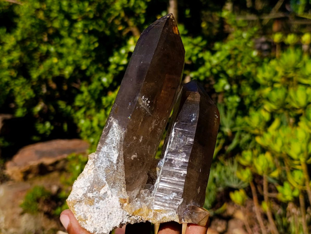 Natural Classic Smokey Twin Erongo Quartz with Fluorescent Hyalite Opal x 1 From Erongo, Namibia