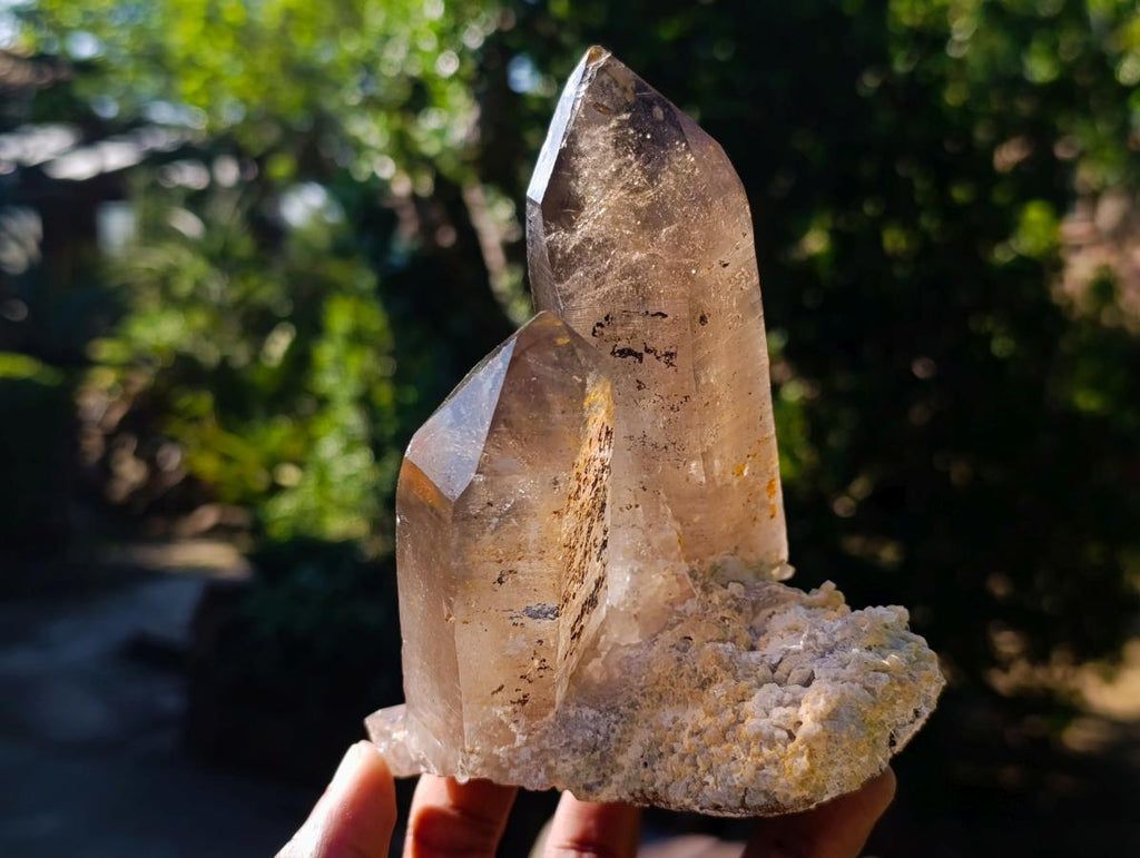 Natural Classic Smokey Twin Erongo Quartz with Fluorescent Hyalite Opal x 1 From Erongo, Namibia