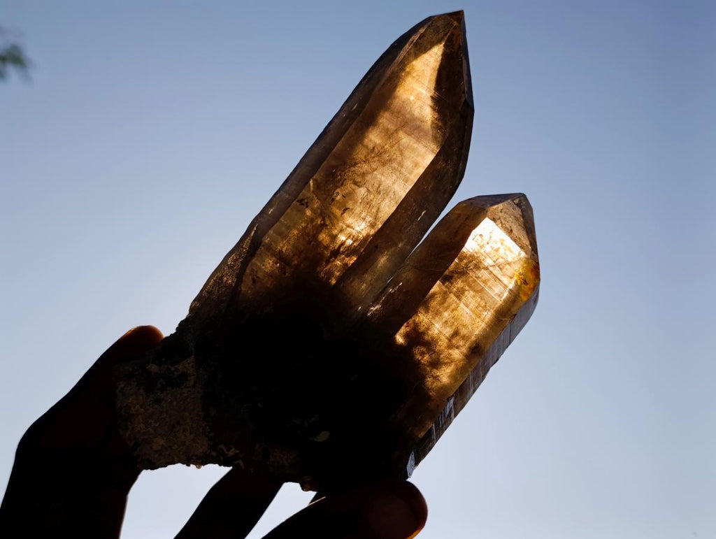Natural Classic Smokey Twin Erongo Quartz with Fluorescent Hyalite Opal x 1 From Erongo, Namibia