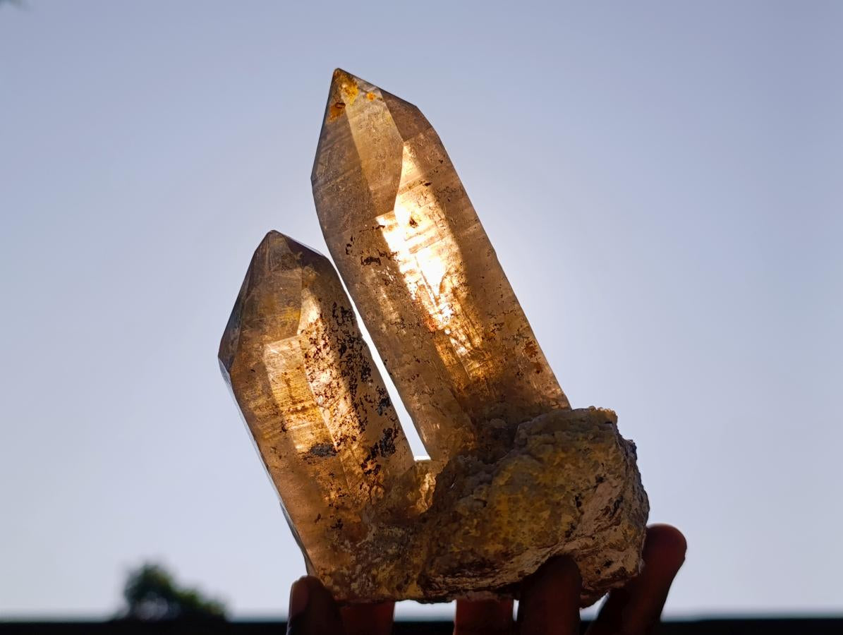 Natural Classic Smokey Twin Erongo Quartz with Fluorescent Hyalite Opal x 1 From Erongo, Namibia
