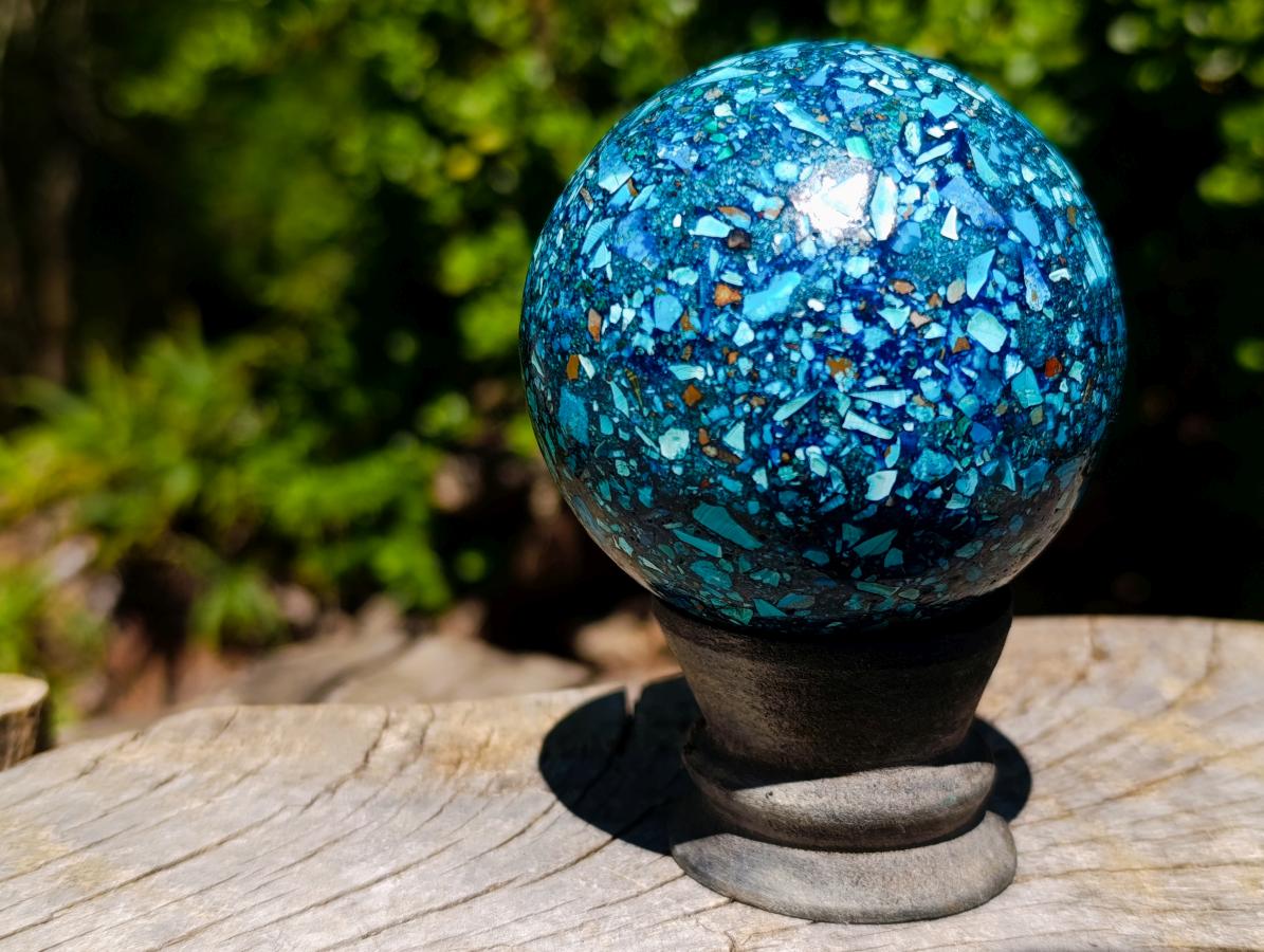 Polished Chrysocolla, Azurite and Malachite Conglomerate Sphere with a Wooden Stand x 1 From Congo (Copy)