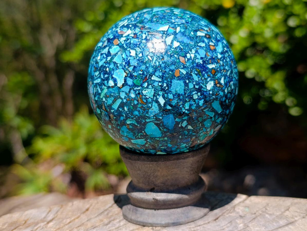 Polished Chrysocolla, Azurite and Malachite Conglomerate Sphere with a Wooden Stand x 1 From Congo (Copy)