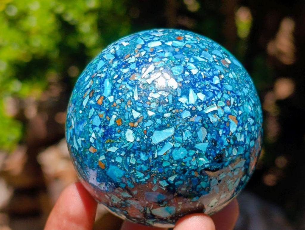 Polished Chrysocolla, Azurite and Malachite Conglomerate Sphere with a Wooden Stand x 1 From Congo (Copy)