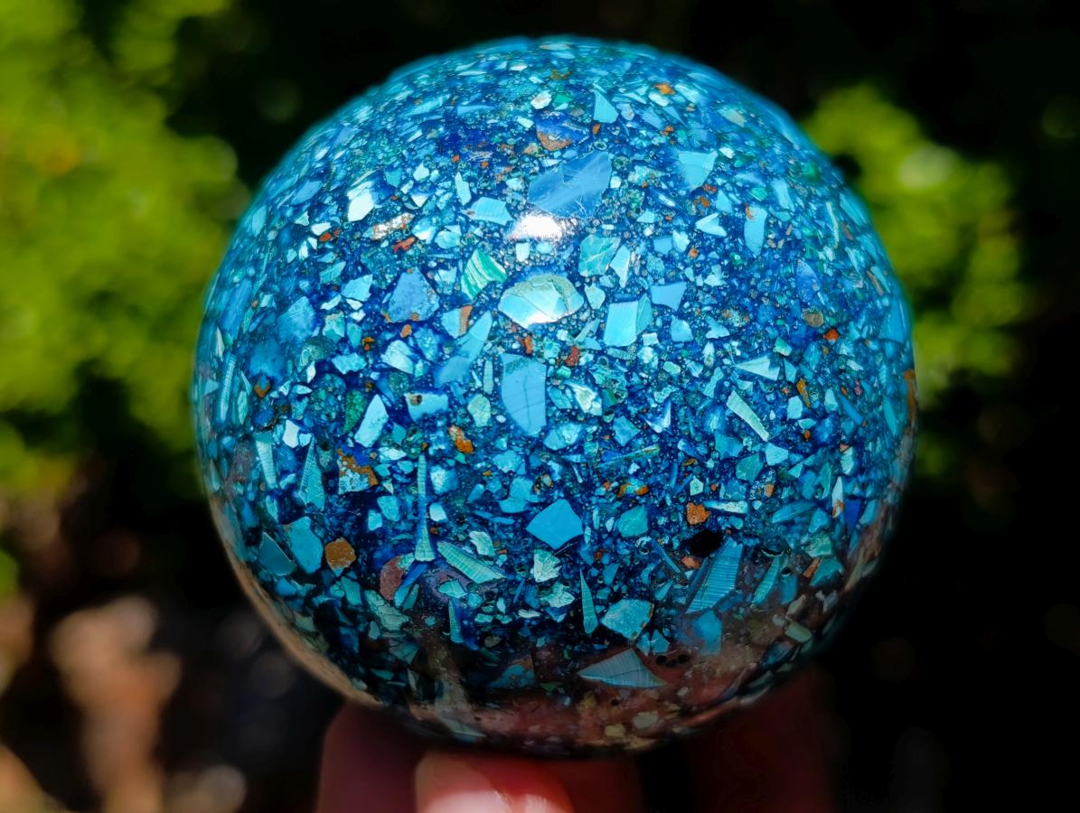Polished Chrysocolla, Azurite and Malachite Conglomerate Sphere with a Wooden Stand x 1 From Congo (Copy)