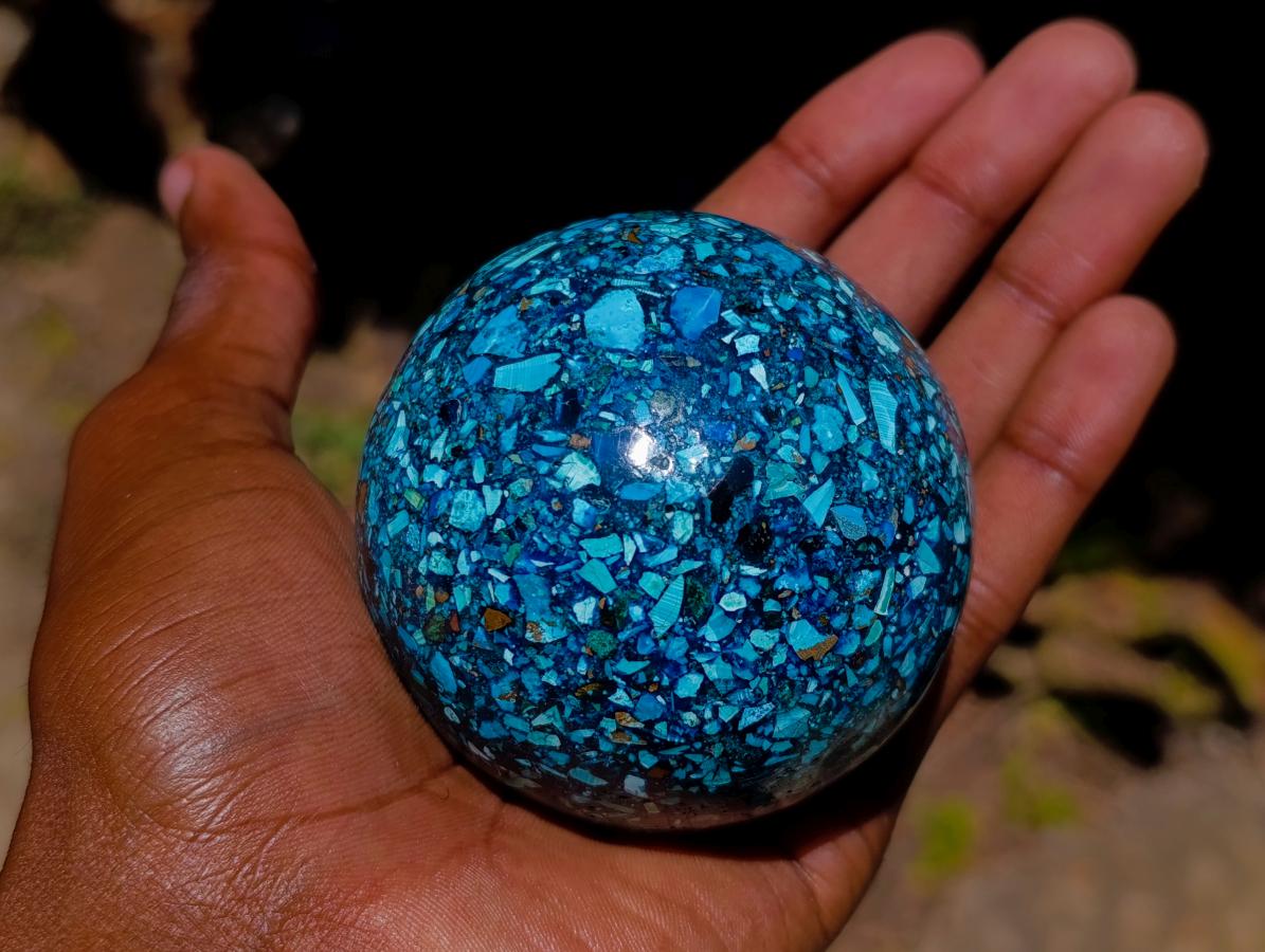 Polished Chrysocolla, Azurite and Malachite Conglomerate Sphere with a Wooden Stand x 1 From Congo (Copy)