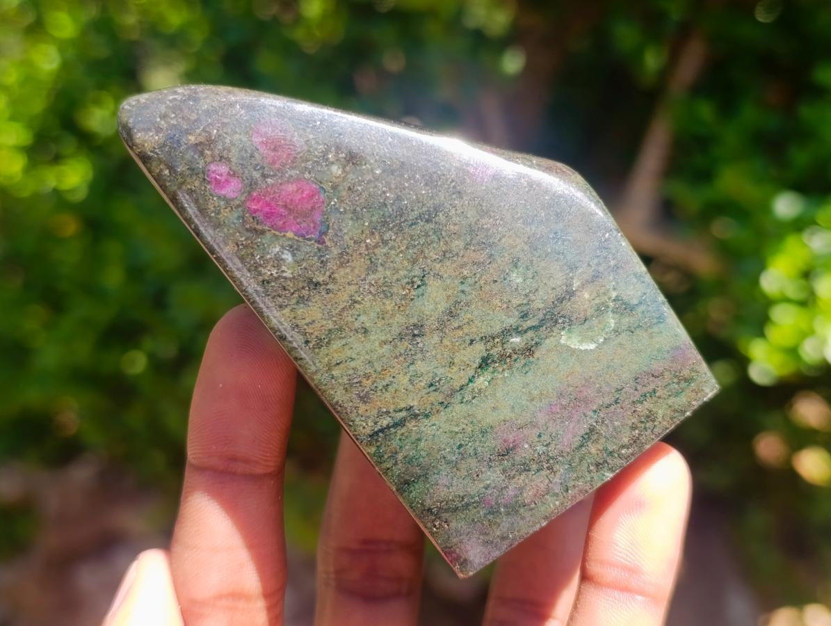 Polished Red Fluorescent Ruby Corundum in Chrome Green Verdite Free Form x 1 From Zimbabwe