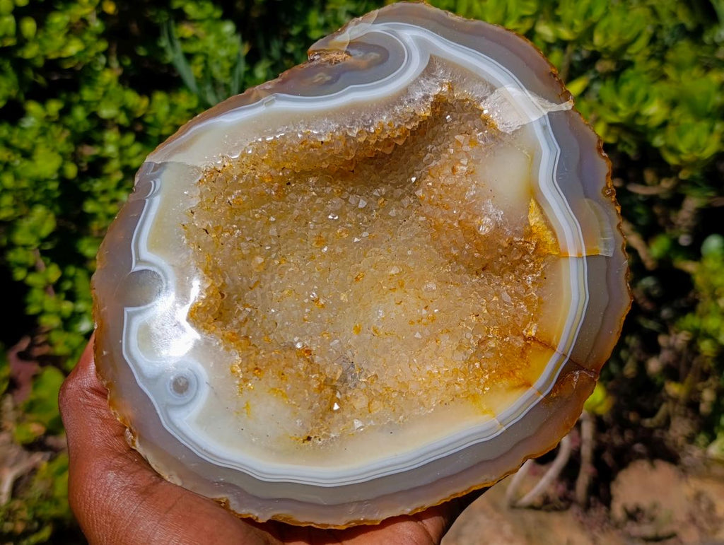 Polished and Natural Agate Geode with a Crystalline Centre x 1 From Maintirano, Madagascar