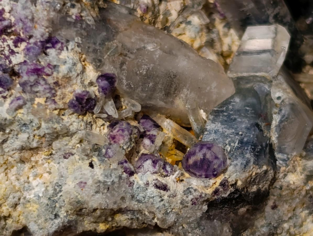 Natural Multi Directional Erongo Mountain Smokey Quartz Cluster with Foitite, Fluorite and Hyalite x 1 From Erongo, Namibia