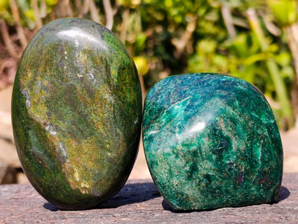 Polished Pair of Chrome Green Verdite Standing Display Piece and Palm Stone x 1 From Zimbabwe