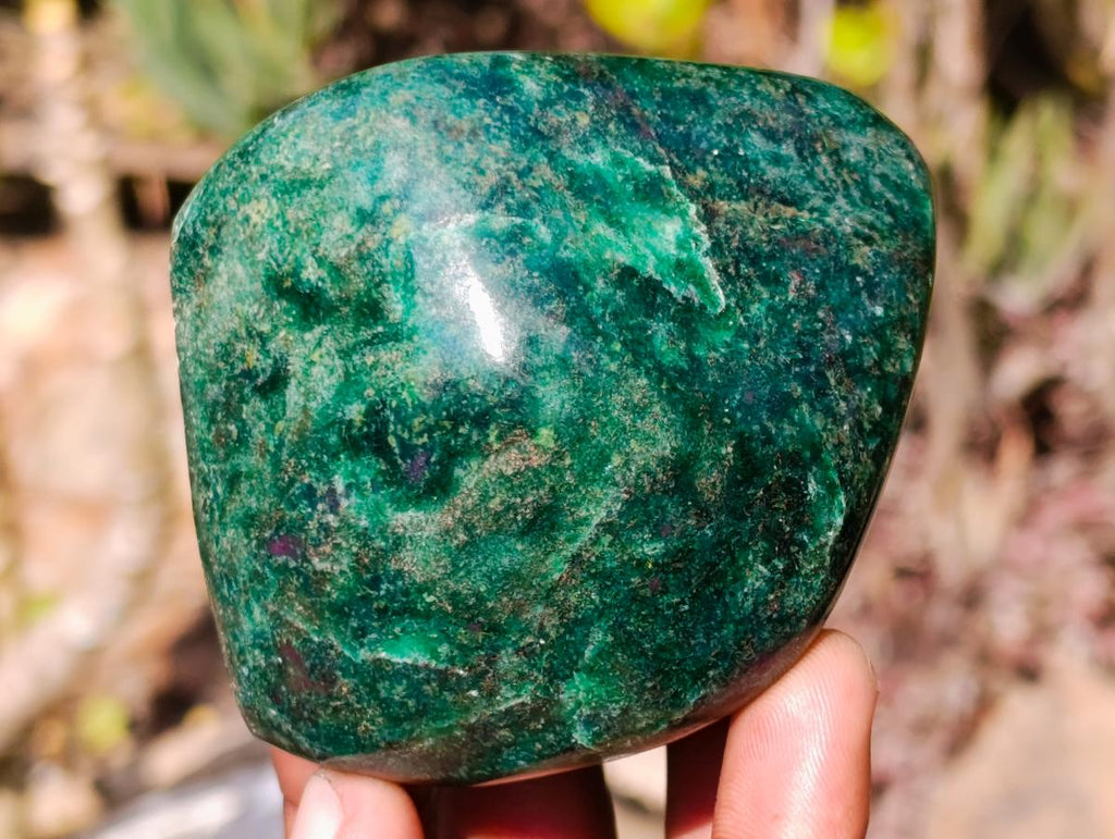 Polished Pair of Chrome Green Verdite Standing Display Piece and Palm Stone x 1 From Zimbabwe
