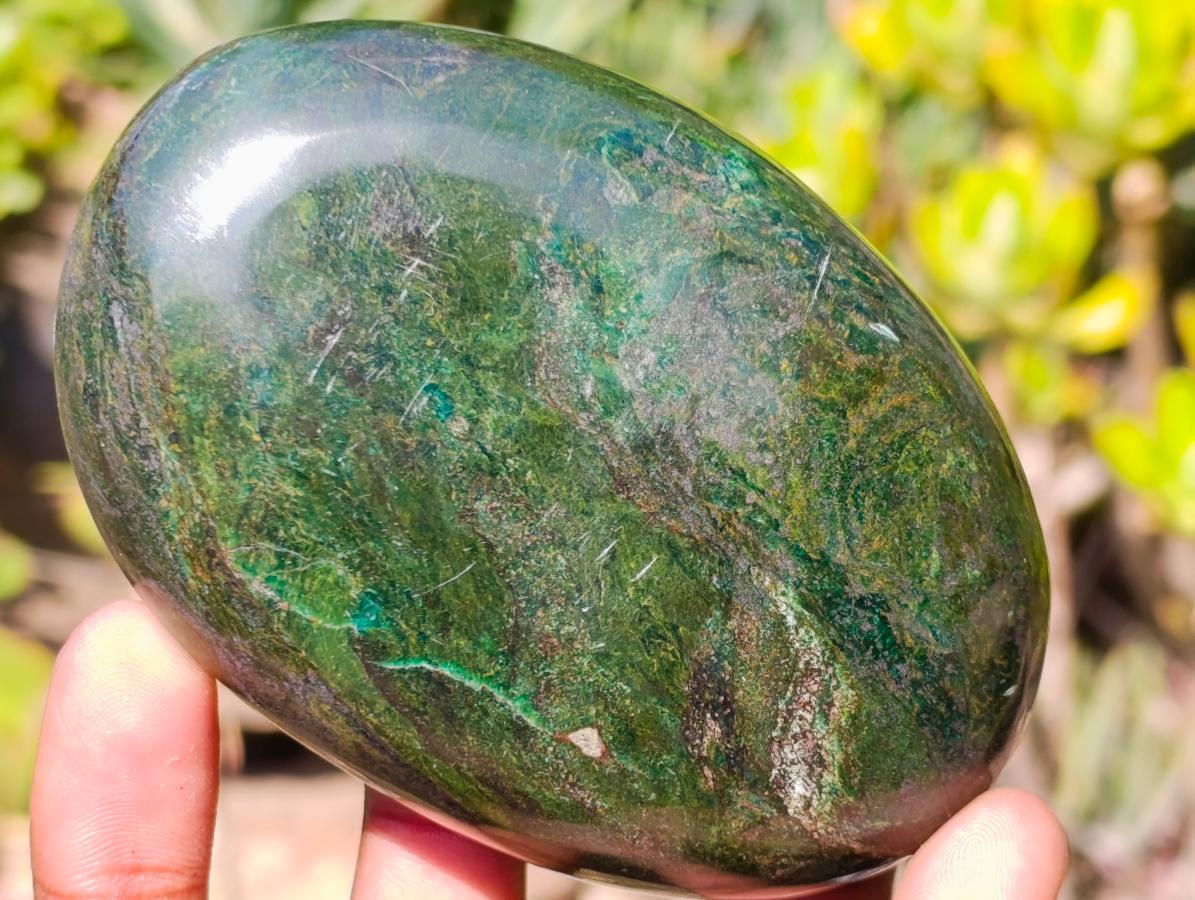 Polished Pair of Chrome Green Verdite Standing Display Piece and Palm Stone x 1 From Zimbabwe