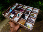Polished and Natural Mixed Set of 20 African Minerals Crystals and Fossil in a Wooden Display Box x 1 From Southern Africa