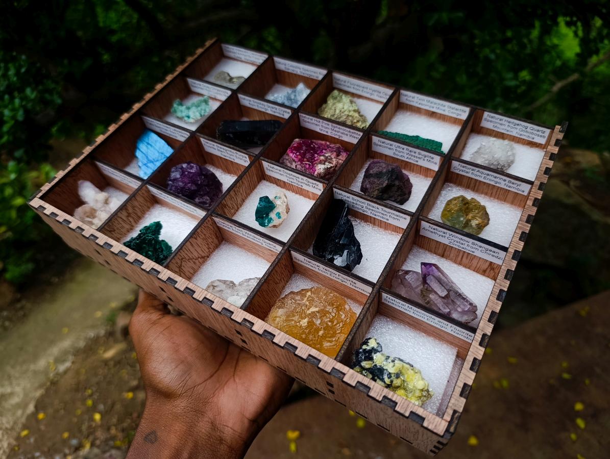 Polished and Natural Mixed Set of 20 African Minerals Crystals and Fossil in a Wooden Display Box x 1 From Southern Africa