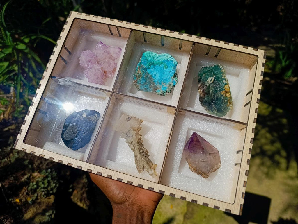 Natural Mixed Collectors Set of 6 African Minerals in a Wooden Display Box x 1 From Southern Africa