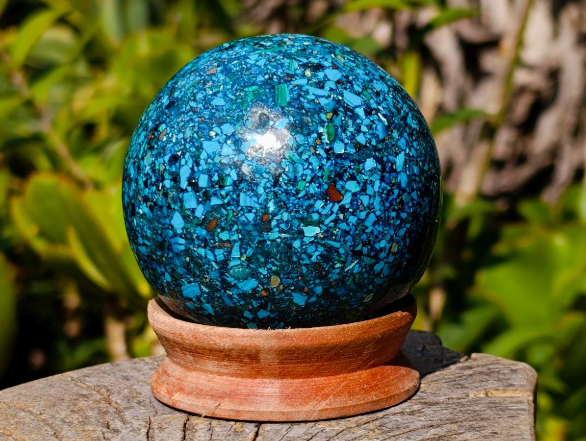Polished Bright Silica Chrysocolla, Azurite and Malachite Conglomerate Sphere x 1 From Congo